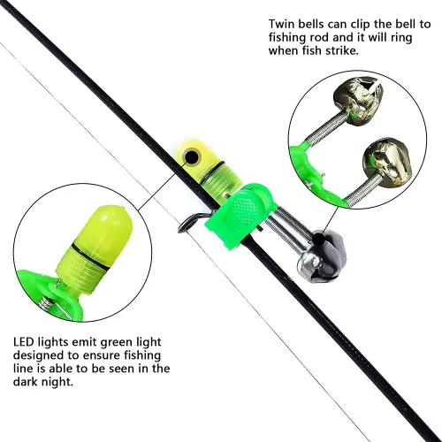 Miniatura 2 de Campanas de pesca Clips con luz LED Night Sea Fishing Rod Clip de luz LED con campanas gemelas anillo indicador de alarma de mordedura de pesca