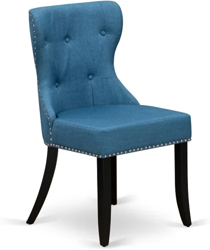 Miniatura 5 de East West Furniture SIP1T21 Sion Parson - Juego de 2 sillas tapizadas de tela de lino azul con ribete de clavos y botones copetudos, color negro