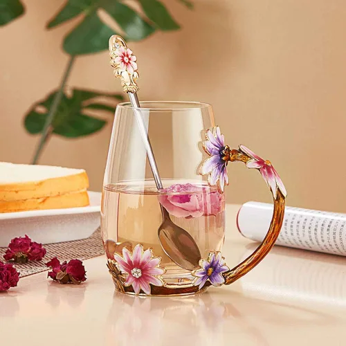 Luka Tech Tazas de café de vidrio esmaltadas sin plomo, taza de té con cuchara de acero, el mejor regalo de cumpleaños para mujeres, esposa, mamá,