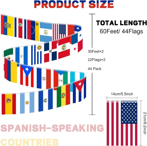 Miniatura 2 de Preboun Juego de 66 banderas de habla hispana de 22 países, 22 banderas de mano con base de soporte, 2 juegos de banderas latinas de América Latina