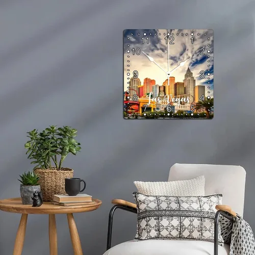 Miniatura 7 de Reloj cuadrado de madera de 15 x 15 pulgadas, diseño de paisaje urbano de Las Vegas, números arábigos, moderno, silencioso, sin tictac, funciona