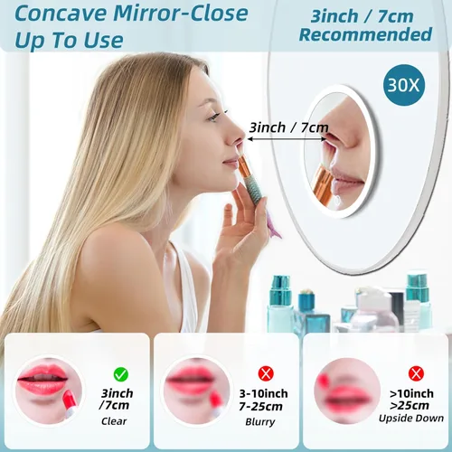 Miniatura 7 de Espejo de aumento con luz 30X, grande, 6 pulgadas, recargable, 3 modos de color, atenuación, espejo de maquillaje iluminado con aumento de 30X, 30x