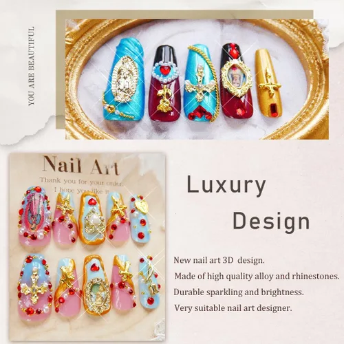 Miniatura 5 de 65 piezas de dijes de uñas de la Virgen María, cruz dorada, 3D, corazón, ángel, flor de rosa, aleación, diamantes de imitación, para arte de uñas
