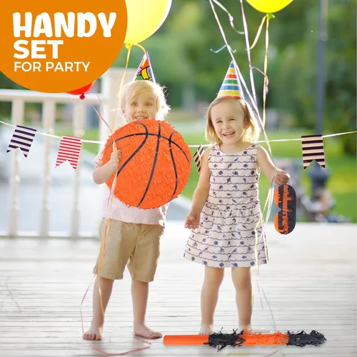 Miniatura 5 de Paquete de piñata de baloncesto de Birchio con venda y bate (13 x 13 x 4 Pulgadas), piñata de balón de fútbol para fiesta de cumpleaños de niños