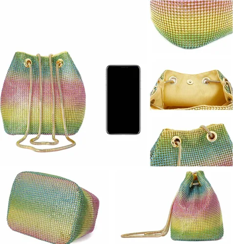 Miniatura 6 de Ayliss Bolso de cubo completo con diamantes de imitación para mujer, minihombro cruzado pequeño, bolso de mano brillante de noche