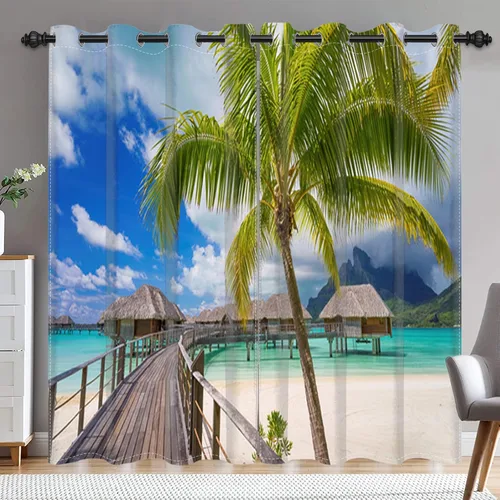 Miniatura 10 de Renaiss Cortinas opacas con diseño de mar tropical, nublado, cielo azul y verde azulado, estrella de mar transparente en playa arenosa, sala