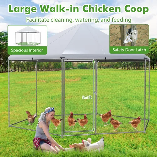 Miniatura 4 de Giantex Gallinero de metal grande, gallinero hexagonal de 13 pies con cubierta impermeable, marco de acero resistente, 12 estacas, jaula de aves