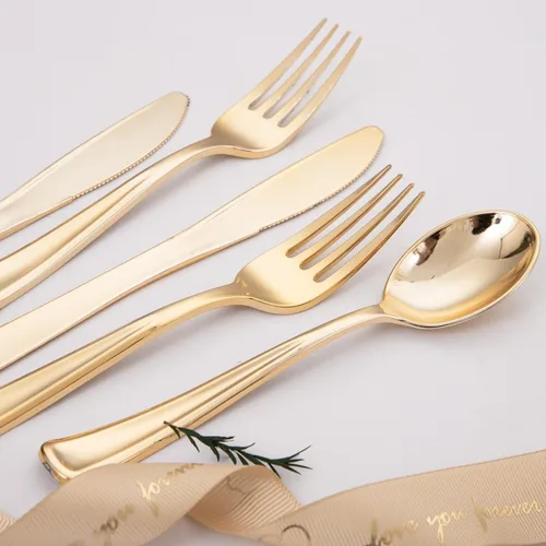 Miniatura 4 de Liacere 200 piezas de cubiertos de plástico dorados - Cubiertos de plástico dorados desechables incluyen 100 tenedores, 50 cucharas, 50 cuchillos.