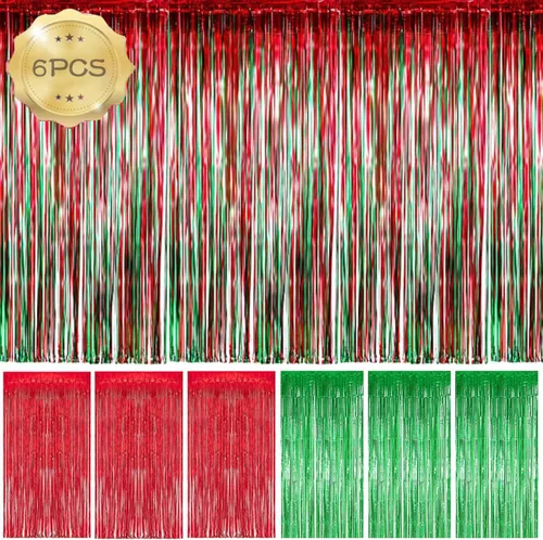 Paquete de 6 cortinas de flecos de aluminio, decoración de fiesta de Navidad, cortinas brillantes metálicas rojas y verdes, 3.28 x 8.2 pies