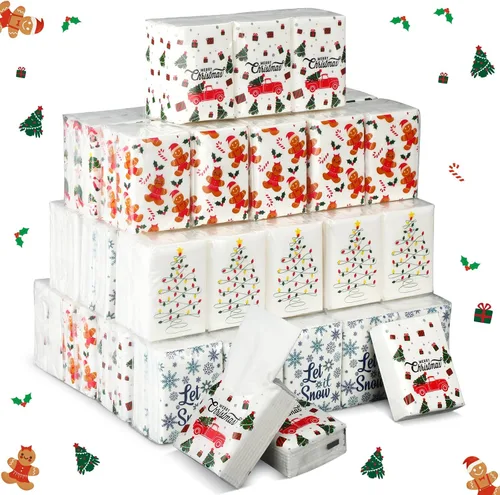 Ctosree Paquete de 50 pañuelos de bolsillo de Navidad, paquetes de viaje de Feliz Navidad, 500 hojas, copos de nieve, pequeños pañuelos