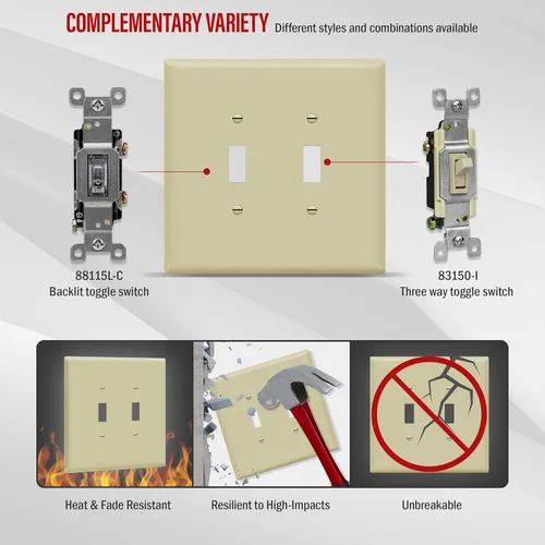 Miniatura 6 de ENERLITES Cubierta doble para interruptor de palanca, placa de pared para interruptor de luz de dos bandas, acabado brillante, 2 bandas de 5.5 x 5.5
