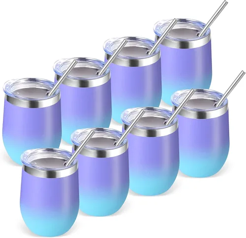 Miniatura 35 de Volhoply - Juego de 12 vasos de vino de 12 onzas con tapa, hechos de acero inoxidable con aislamiento al vacío de doble pared, vasos de vino sin Rosa