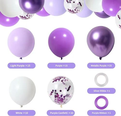Miniatura 2 de RUBFAC 65 Piezas Globos Morados Lavanda de 12 Pulgadas, Globos Metálicos Morados y de Confeti para el Día de San Valentín, Baby Shower, Cumpleaños