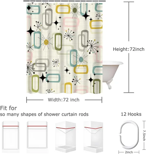 Miniatura 7 de Cortina de ducha de mediados de siglo, juego de cortinas de ducha bohemias y modernas a cuadros para decoración de baño, tela impermeable con 12