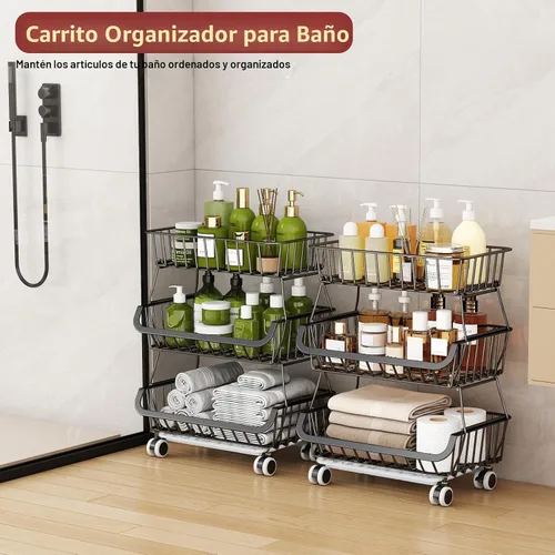 Miniatura 8 de Carrito de despensa rodante de 3 niveles con ruedas, organizador de piso de almacenamiento de alambre apilable para estantes de cocina, despensa
