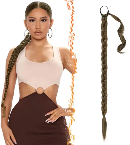 Miniatura 54 de Barsdar Extensión de 26 Pulgadas de Cola de Caballo Trenzada Larga con Banda Elástica - Extensiones de Cabello en Cola de Caballo Recta y Elegante
