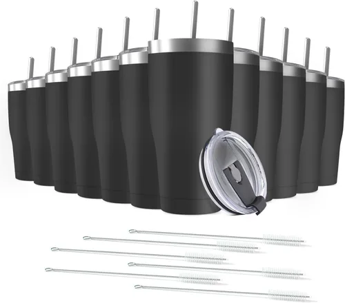 Miniatura 9 de Paquete de 8 vasos de acero inoxidable de 30 onzas a granel reutilizables con tapa, taza de café con recubrimiento de polvo de doble pared