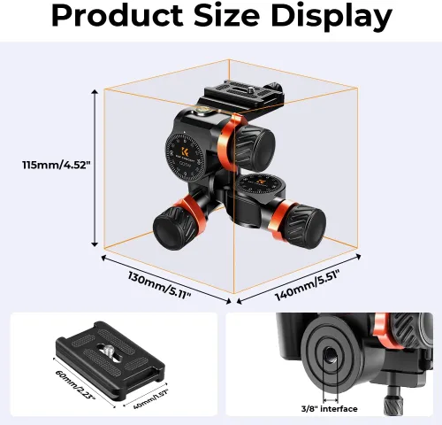 Miniatura 5 de K&F CONCEPT Cabezal de trípode con engranajes de 3 vías, microajuste milimétrico, cabezal de trípode de aleación de aluminio CNC completo, capacidad