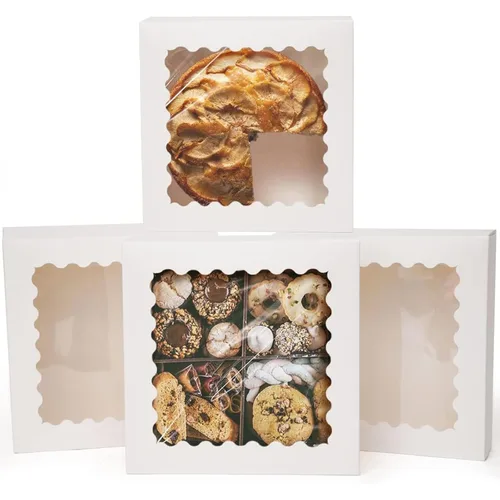 Miniatura 13 de qiqee - Cajas de repostería rosas autodeslizables 50 paquetes, cajas para pasteles de 8 x 8 x 2.5 pulgadas con ventana Rosado