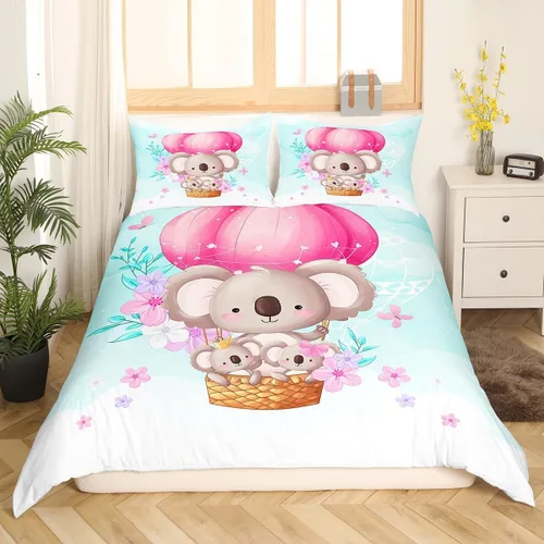 Miniatura 3 de Manfei Lindo juego de funda de edredón de koala tamaño individual, juego de ropa de cama de globo aerostático rosa, 2 piezas para decoración