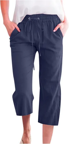 WKSCLPAI Pantalones capri para mujer, casuales, de verano, talla grande, de lino, cintura alta, con cordón, pantalones cortos con bolsillos