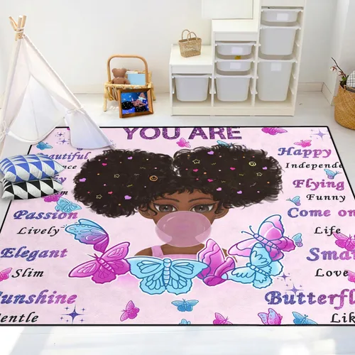 Miniatura 35 de Alfombra de área para dormitorio de niñas negras africanas, alfombra para sala de estar, sala de juegos, azul, lindo anime de dibujos animados