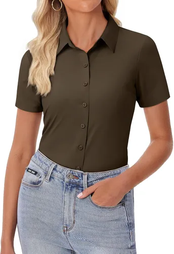 Miniatura 20 de siliteelon Camisa de vestir con botones para mujer, ajustada, elástica, de manga corta, sin arrugas, sólida, formal, para el trabajo