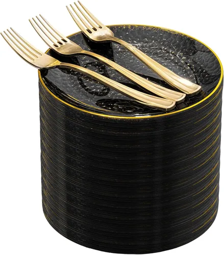 DaYammi 240 platos de plástico negro que incluyen 120 platos de postre negros y 120 tenedores dorados, plato de fiesta martillado, platos de