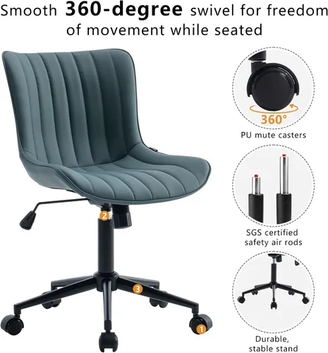 Miniatura 4 de YOUNIKE Silla ergonómica de oficina sin brazos, de piel sintética, pequeña y bonita silla de escritorio con respaldo mecedora de 12°, altura verde