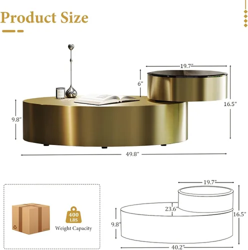 Miniatura 3 de Mesa auxiliar giratoria ovalada dorada, mesa central de lujo moderna de 2 niveles con parte superior redonda giratoria de 360°, mesa de té con base