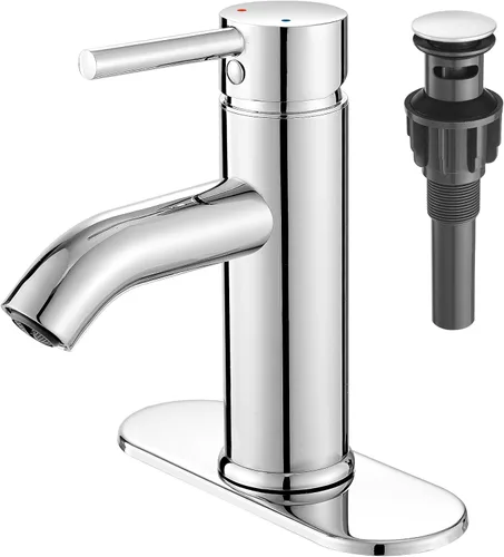 VOTON Grifos de baño cromados de 1 agujero, grifo de lavabo de baño de acero inoxidable con drenaje desplegable de metal, grifo de lavabo para Cromo