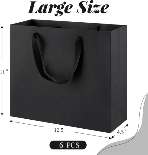 Miniatura 2 de Ohuimrt 6 bolsas grandes de regalo negras con asas, 12.5 x 4.5 x 11 pulgadas, bolsas de papel negro mate de alta calidad para fiestas, compras