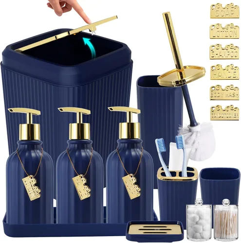Miniatura 13 de 21PCS Bathroom Sets with Shower Curtain and Rugs Bathroom Accessories Set Beige Bathroom Set Complete with Trash Can, Toilet Brush, Qtip Holder &