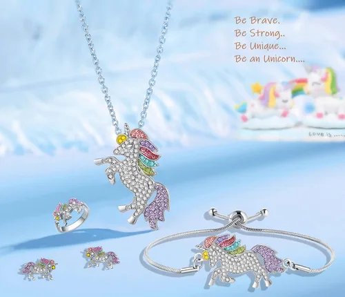 Miniatura 2 de SHWIN Regalos de unicornios para niñas, joyas para niños, paquete de 2 o 4 unidades, collar de unicornio, pulsera, aretes, anillo de joyería, regalo
