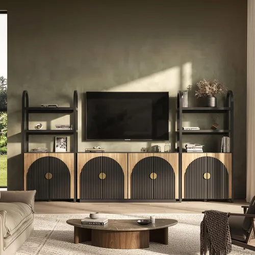 Miniatura 18 de BELLEZE Juego de soporte modular de TV de 4 piezas, centro de entretenimiento moderno con asas anchas de madera, aparadores con estantes ajustables