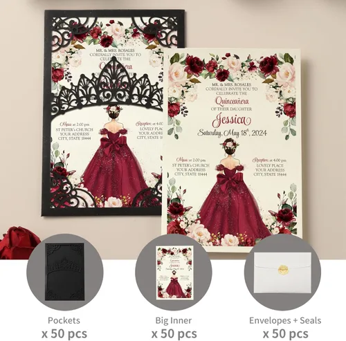 Miniatura 6 de 50 invitaciones de quinceañera con corona negra perlada cortada con láser Invitaciones de cumpleaños florales burdeos para Sweet 16/Miss XV
