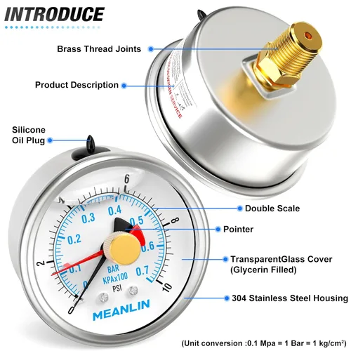 Miniatura 4 de MEANLIN MEASURE Manómetro de Presión de Acero Inoxidable 0~10 Psi 1/4" NPT Carátula de 2.5" con Puntero de Reinicio Relleno de Líquido WOG Agua