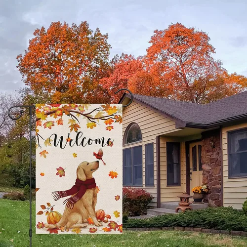 Miniatura 3 de Bandera de jardín de bienvenida de otoño de 12 x 18 pulgadas de doble cara de arpillera, banderas de patio Golden Retriever Dog Cardinal