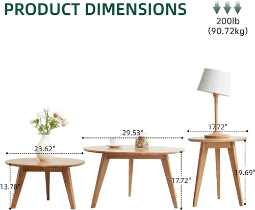 Miniatura 2 de Juego de mesa de café 100% de madera de roble macizo, mesa de café redonda combinada mesa auxiliar con patas de madera maciza, mesa de mediados