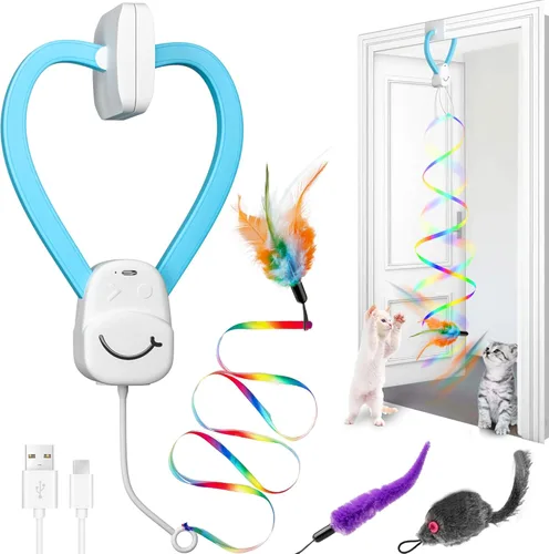 Miniatura 9 de Juguetes interactivos para gatos de interior, juguete de plumas para puerta colgante automática, ratón y varita de cinta, recargable por USB, Blanco