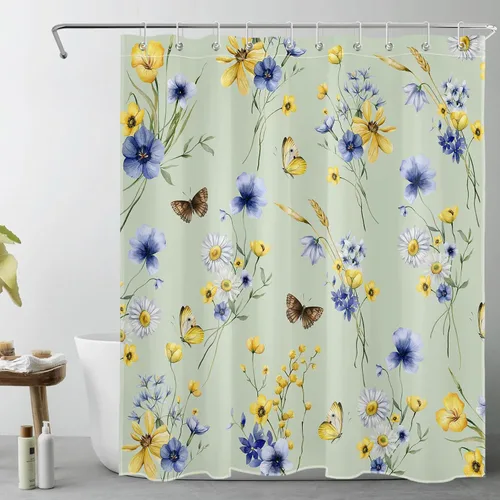 Miniatura 11 de EOBTAIN Cortina de ducha floral de acuarela para baño, margaritas y mariposas sobre tela beige con 10 ganchos, juego de cortinas de baño rústicas