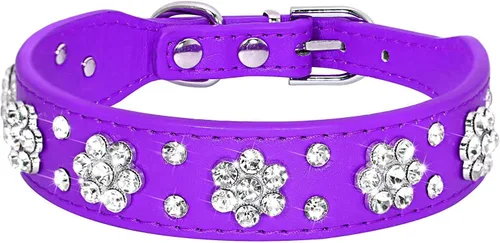Miniatura 7 de Serijoars Collar para perro y gato con diamantes de imitación - Collar brillante de cuero PU ajustable, tallas XS, S, M (XS, negro)