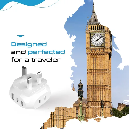 Miniatura 3 de Ceptics - Adaptador de enchufe de viaje para Reino Unido e Irlanda - 5 entradas con 20W PD-QC 3.1A USB-C dual y USB - Peso ligero - De EE. UU. a