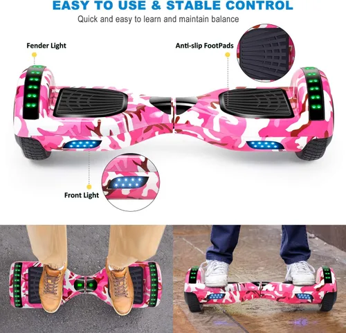 Miniatura 5 de FLYING-ANT Patinete autoequilibrante de 16.51 cm con altavoz y luces LED rojas Rosa (camouflage pink)