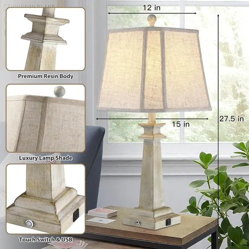 Miniatura 3 de Lámpara de mesa de 27.5 pulgadas para dormitorio, lámpara táctil regulable de 3 vías para mesita de noche, lámpara de mesa de granja para sala