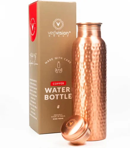 Botella de Agua de Cobre - Botella de Agua de Cobre Puro de 32 Oz para Beber con Diseño de Acabado Martillado - A Prueba de Fugas, Apta para Viajes,