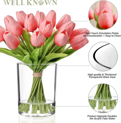 Miniatura 5 de WELL KNOWN 20 piezas tulipanes artificiales en jarrón, tulipanes de color rosa coral de tacto real con jarrón de vidrio y agua falsa, centro de mesa