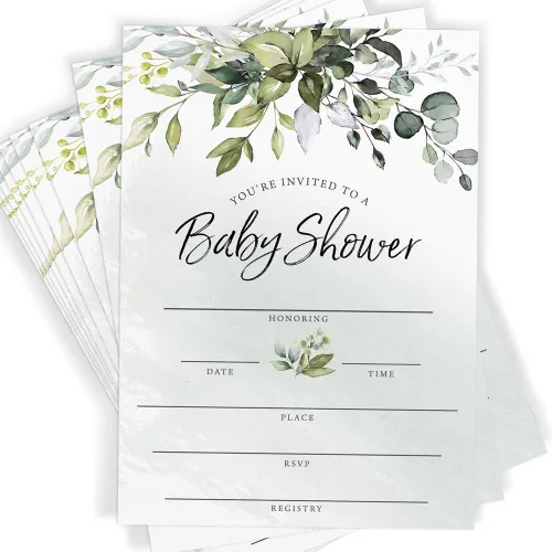 Printed Party Invitaciones y sobres para baby shower, eucalipto verde, juego de 30