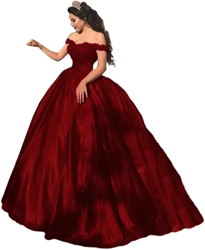 Meicuhap Women's Off Shoulder lace Applique Prom Dress Satin Quinceanera Ball Gowns for Sweet 15 16