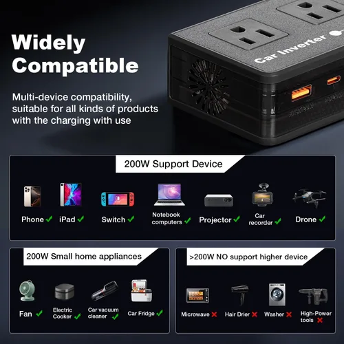 Miniatura 7 de Inversor de corriente para automóvil de 200 W, adaptador de salida de automóvil dual DC de 12 V a 110 V CA a enchufe de pared, carga rápida de 24 W